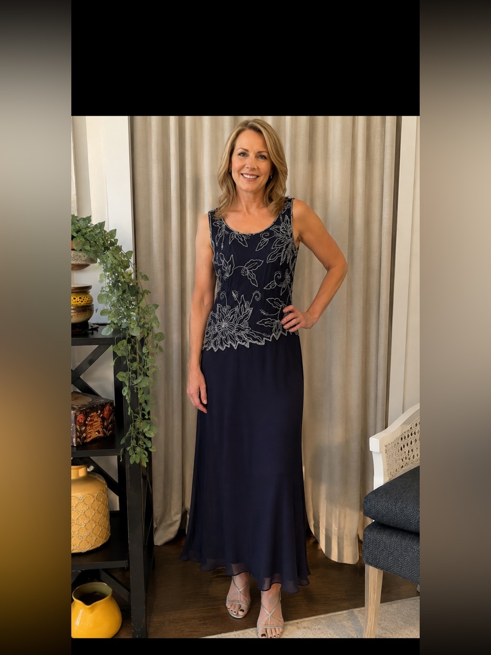 Elegant Navy Blue Evening Gown with Sheer Beaded Bodice
